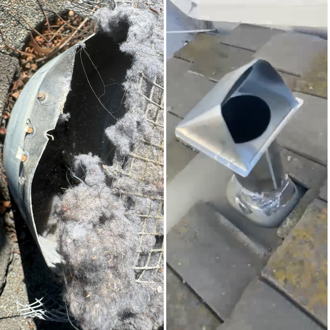 Before and after of a roof vent replaced by GB Home Services