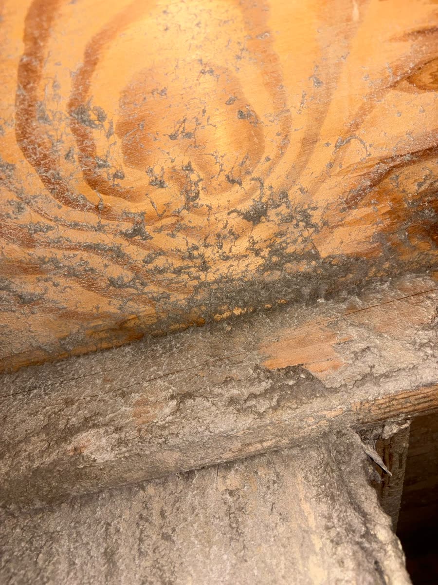 Dust-covered ductwork in an attic before cleaning