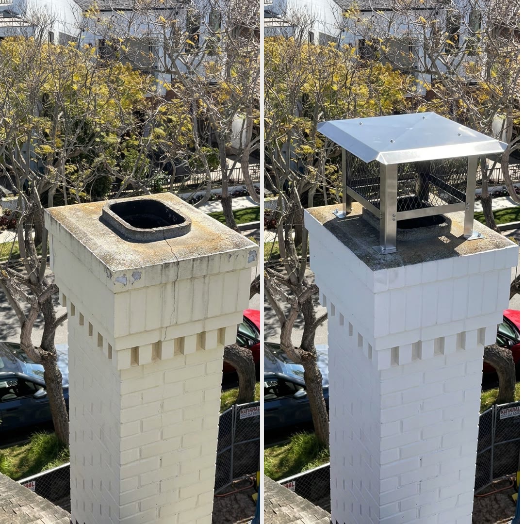A weathered chimney with a cracked crown, and the same chimney after repair, repainting and a new cap