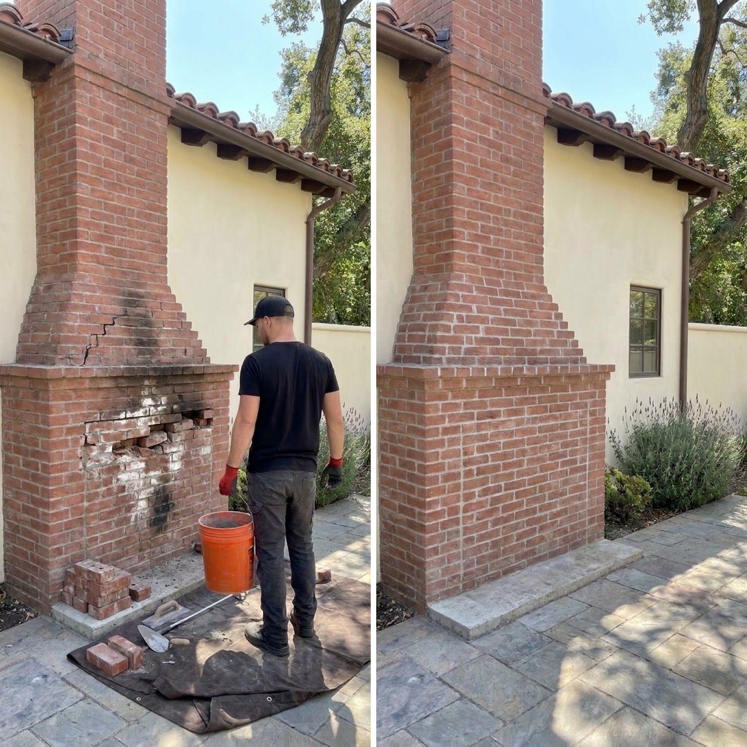 Before and after of an exterior brick chimney: damaged, loose brickwork during a GB Home Services masonry repair, and the same chimney fully rebuilt and repointed