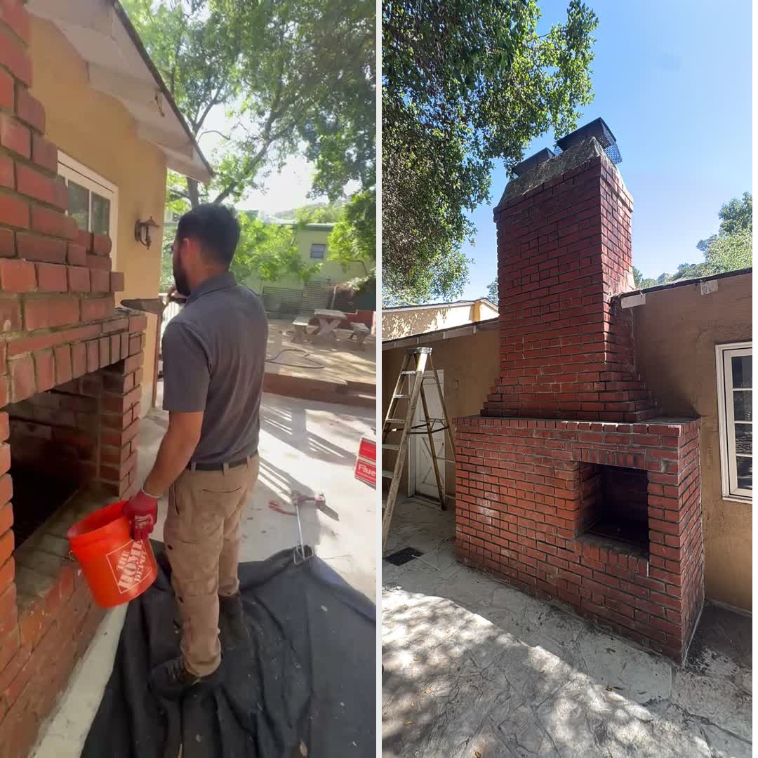 An outdoor brick fireplace during a GB Home Services rebuild and after completion with new chimney caps