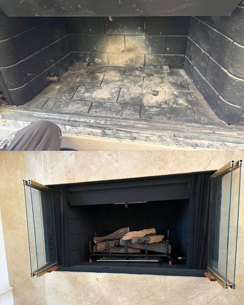 Before and after of a fireplace firebox refinished by GB Home Services