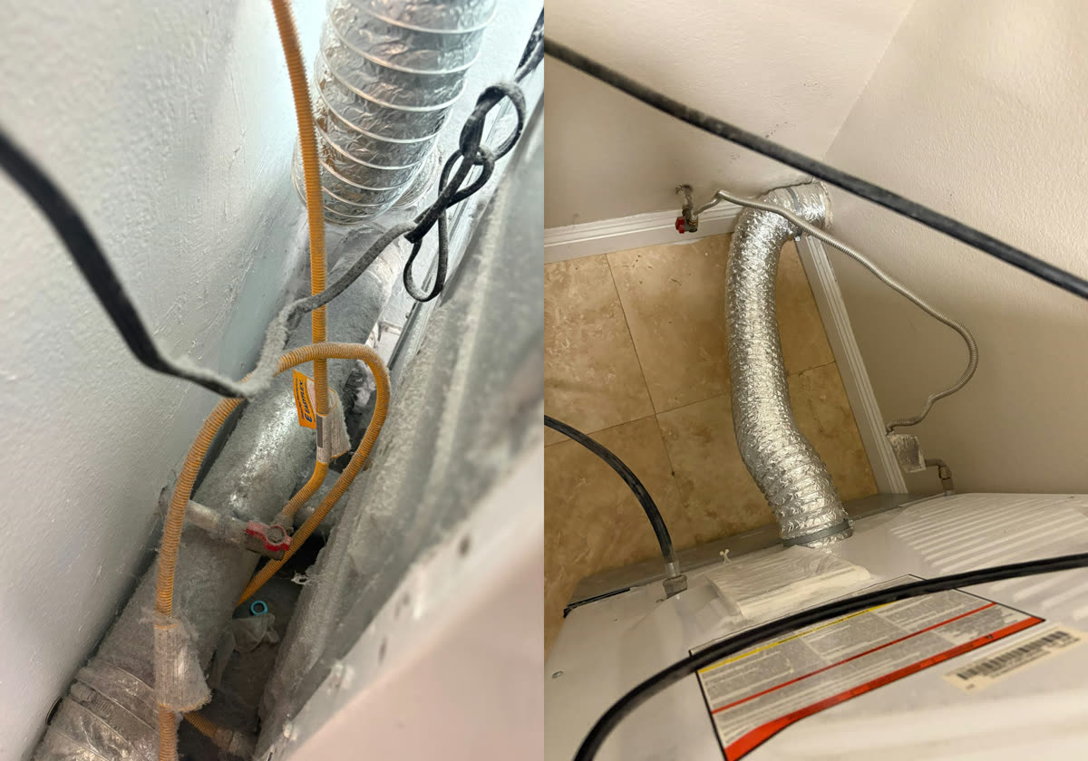 Before and after of a dryer vent duct replaced by GB Home Services